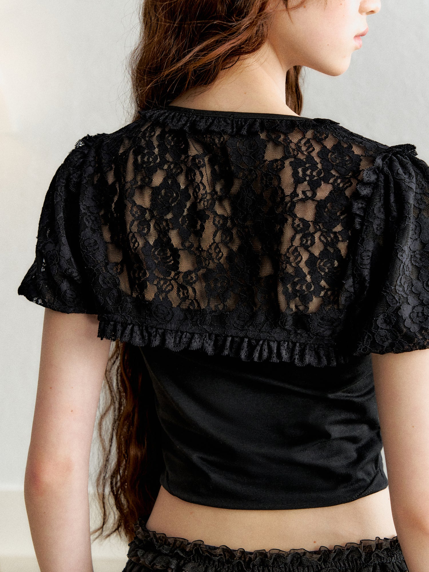 Lace Puff Sleeve Overlay Top