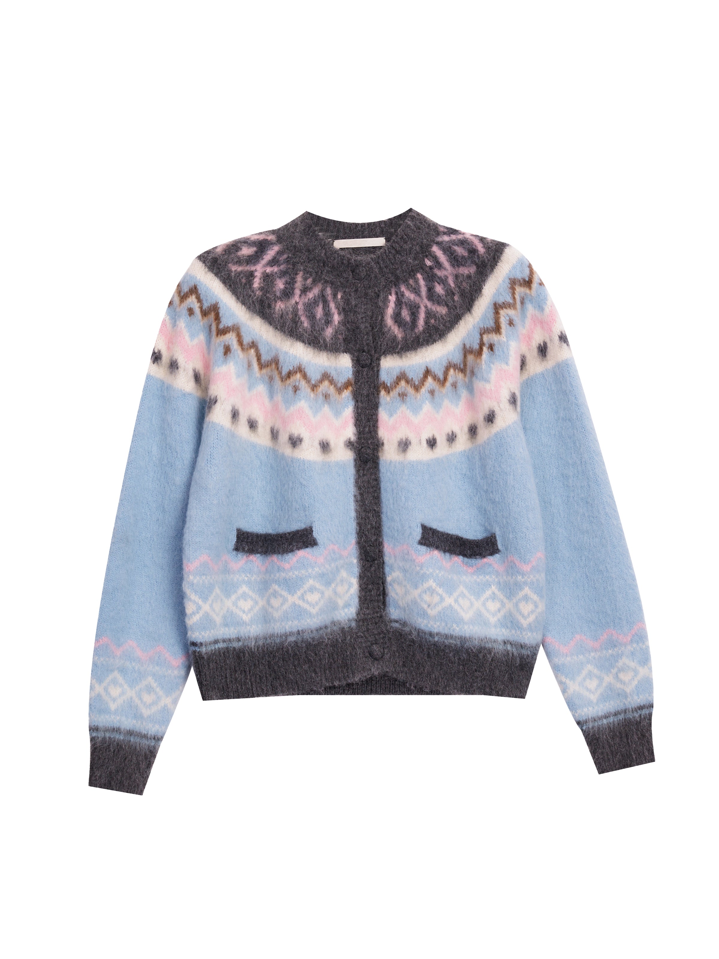 Blue Fair Isle Zip-Up Knit Cardigan Sweater