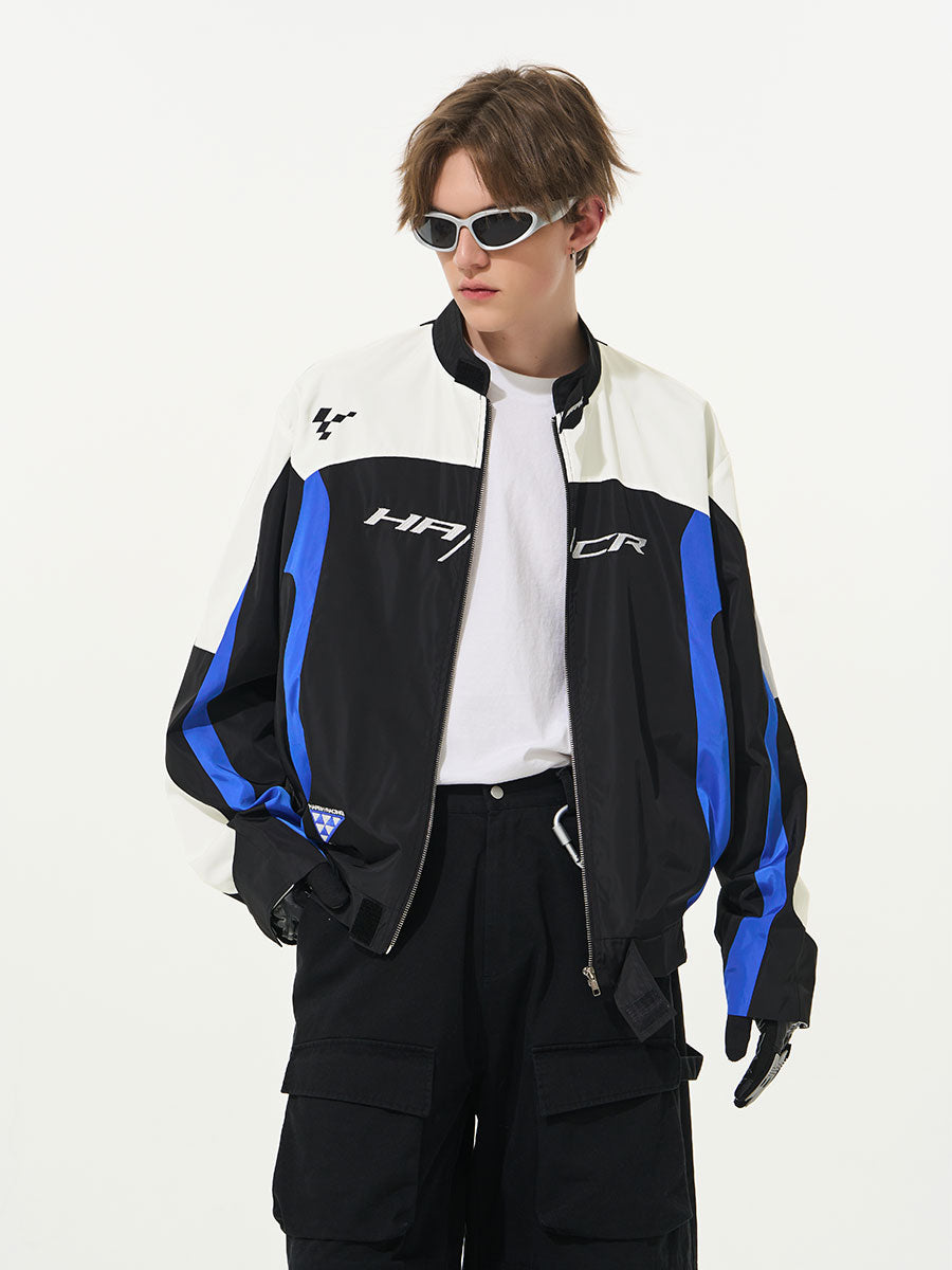 Embroidered Color-Blocked Stand Collar Racing Jacket