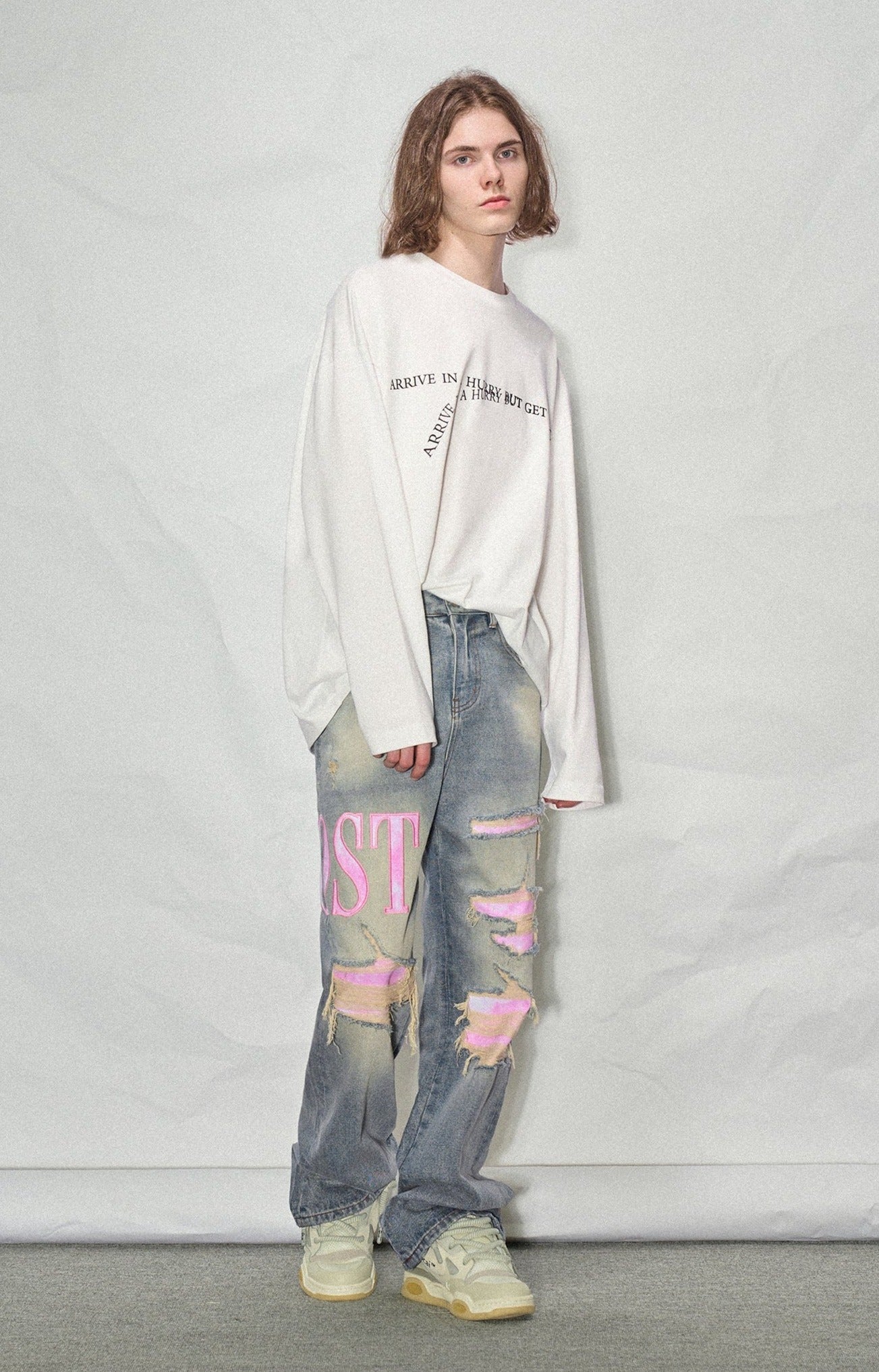 LOSTCTRL Pink Distressed Washed Denim