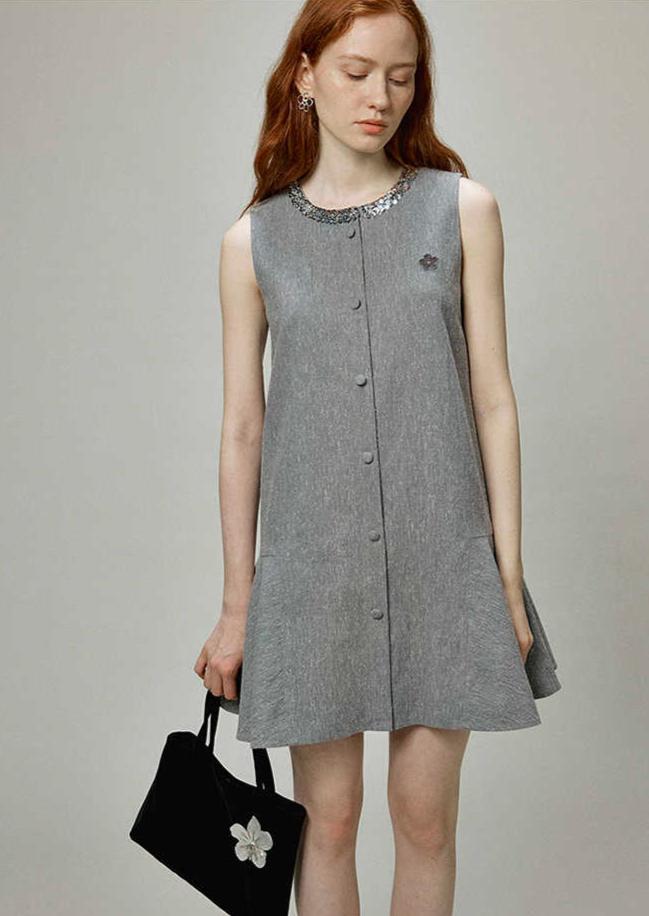 Linen Sequin Trim Tweed-Style Dress