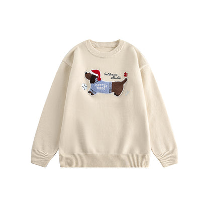 Embroidered Flocked Dog Print Knit Sweater