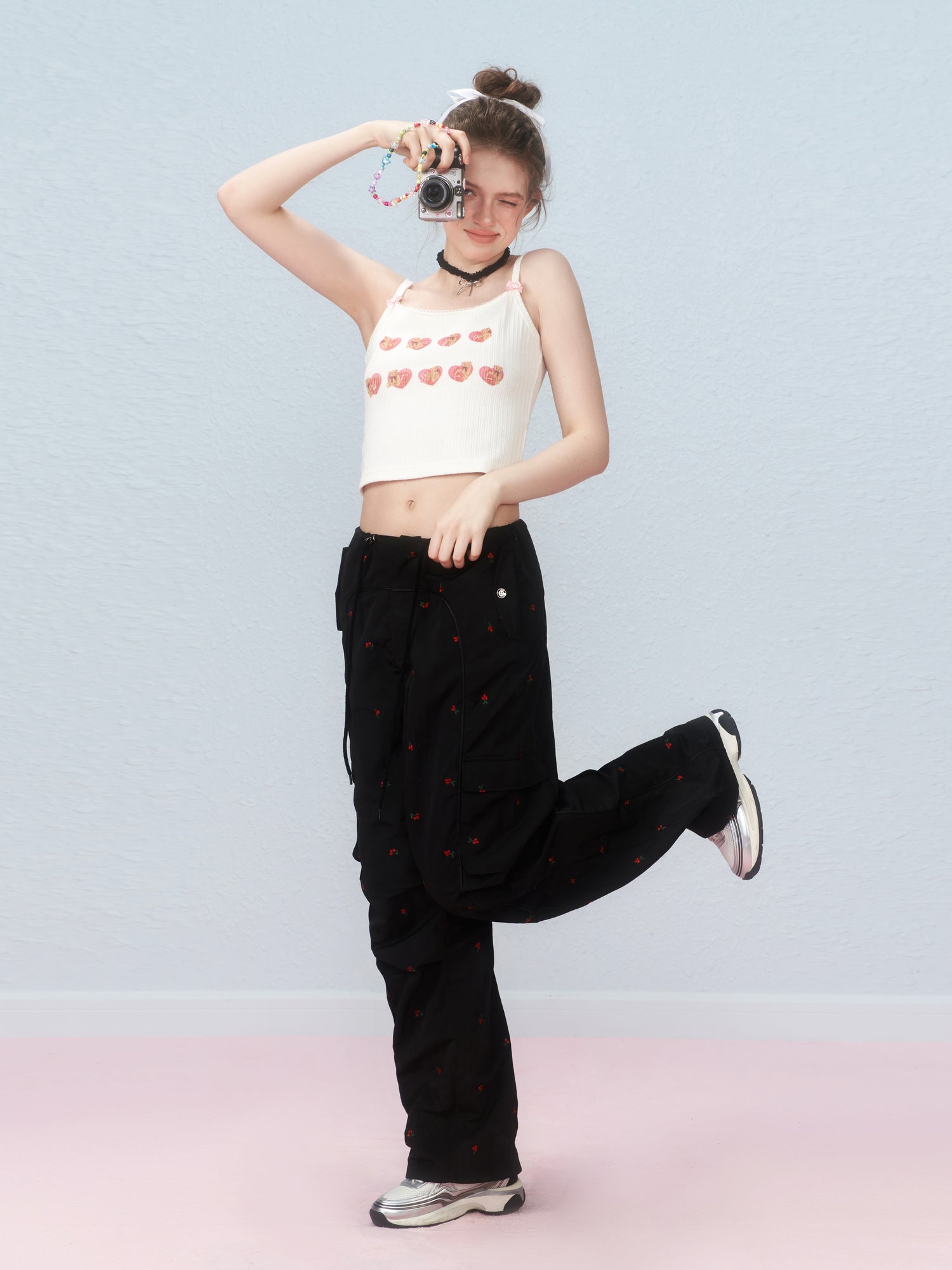 Cherry Embroidered Cargo Pants