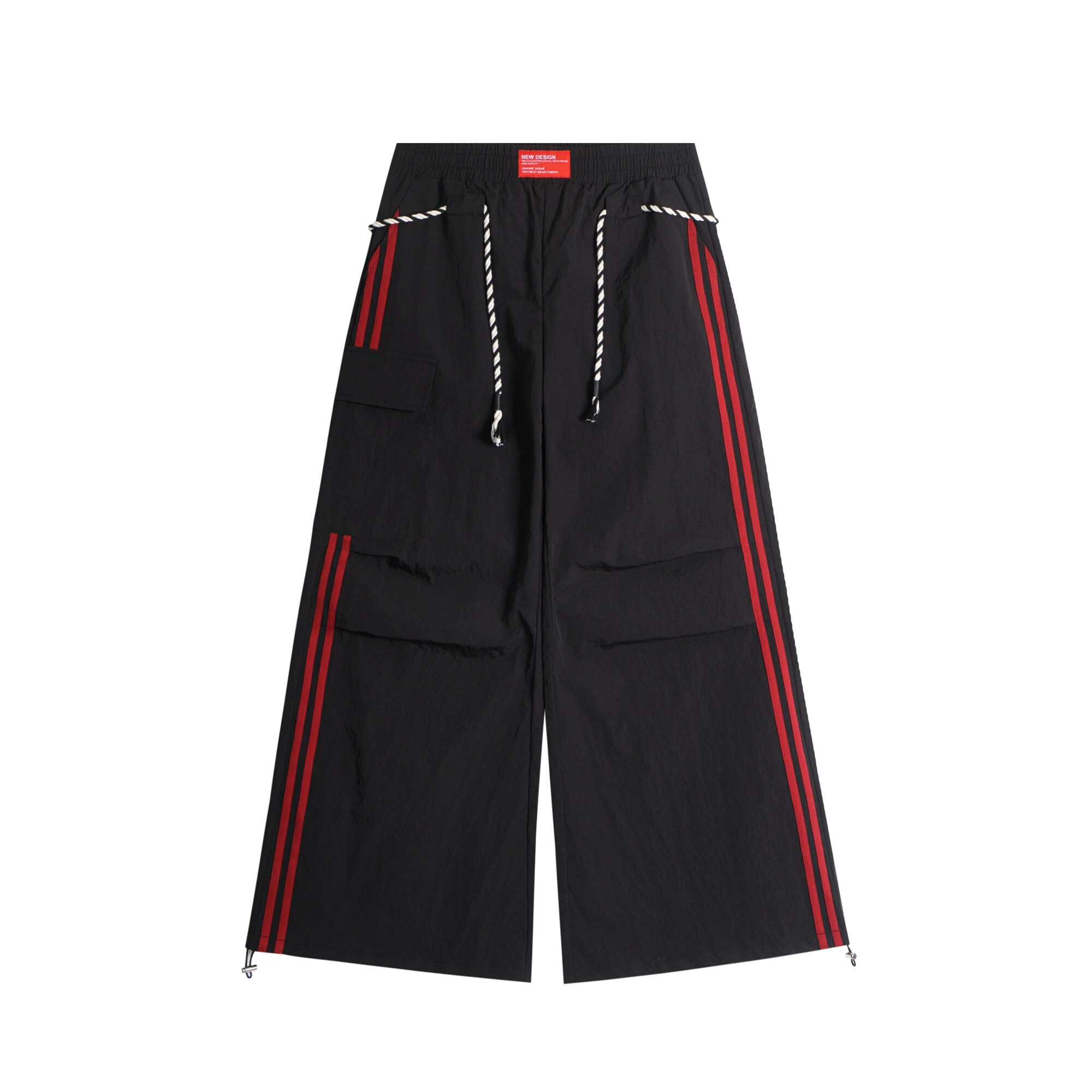 Rope-Waist Contrast Stripe Parachute Cargo Pants