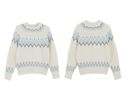 Fair Isle Jacquard White Crewneck Pullover