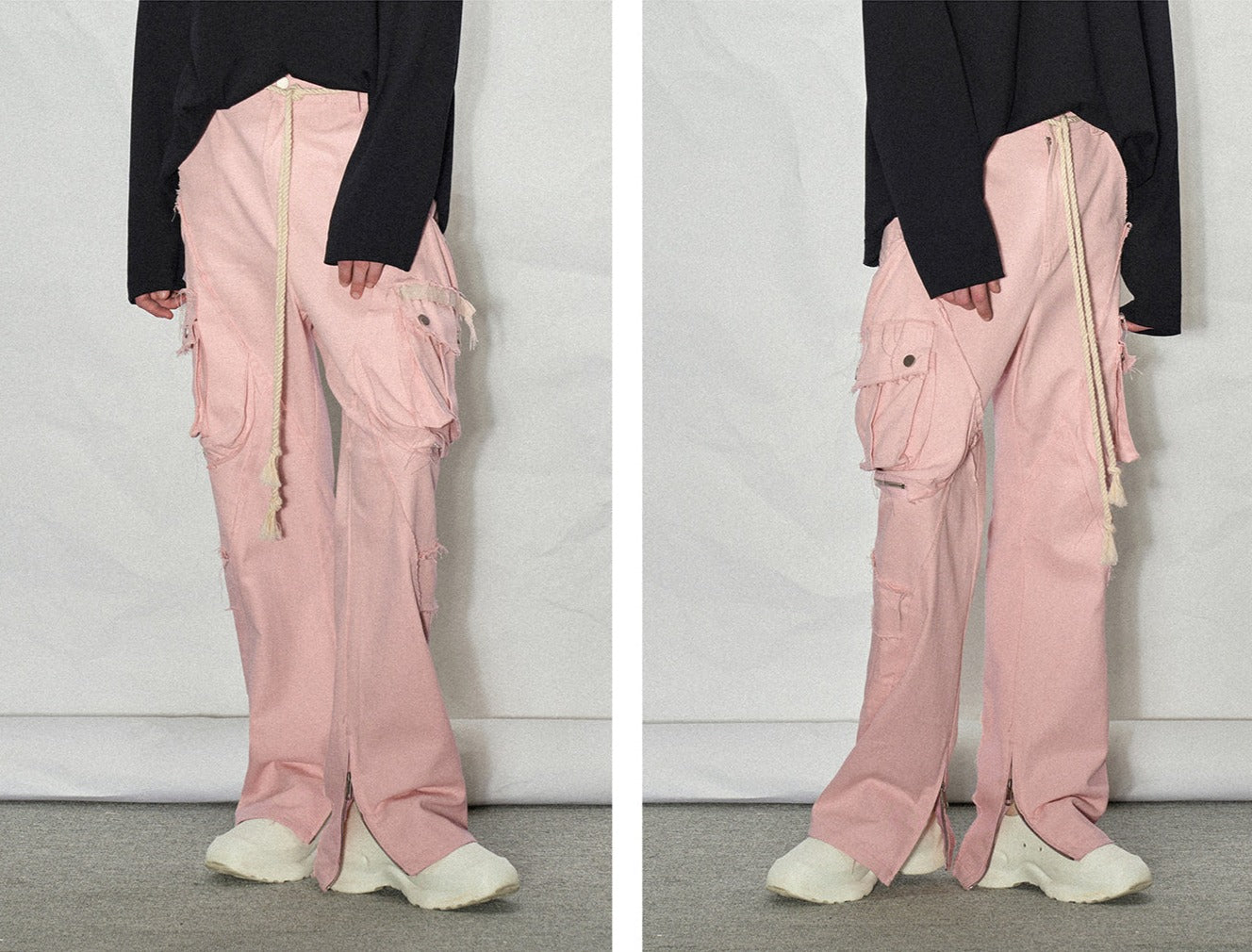 LOSTCTRL Destroyed Edge Waist Rope Casual Trousers