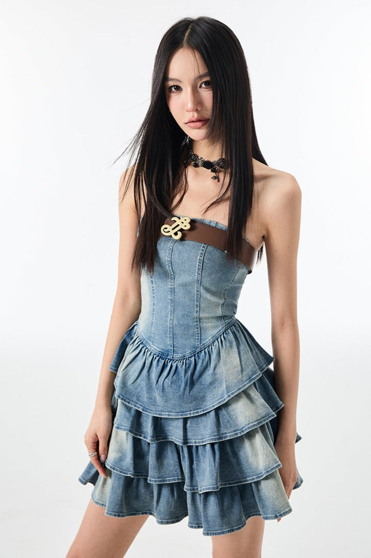 Vintage Washed Denim Pleated Cake Dress