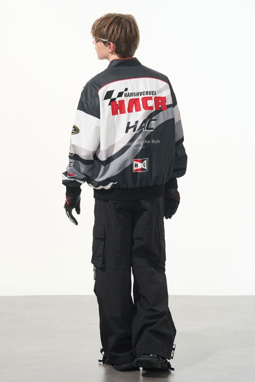 Letter Embroidered Color-Blocked Moto Racing Jacket