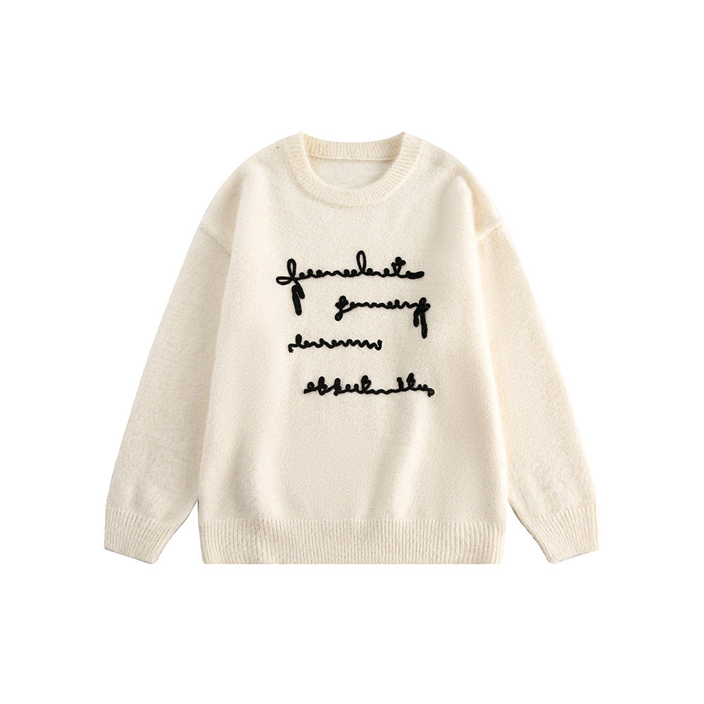 Raised Letter Knit Print Crewneck Sweater