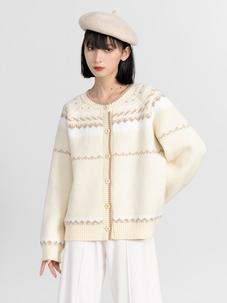 Butter Yellow Fair Isle Pattern Knit Cardigan