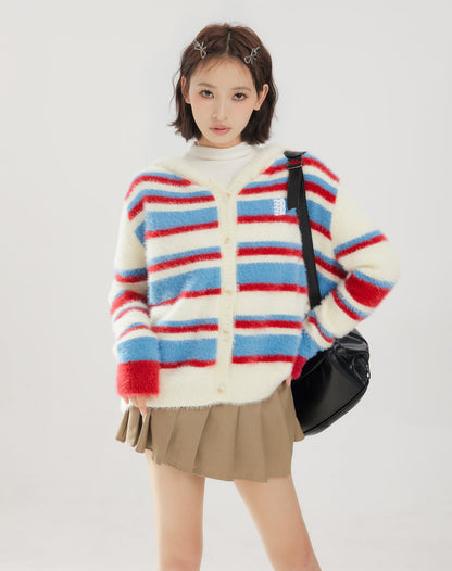 Colorful Striped Hooded Fleece Knit Sweater