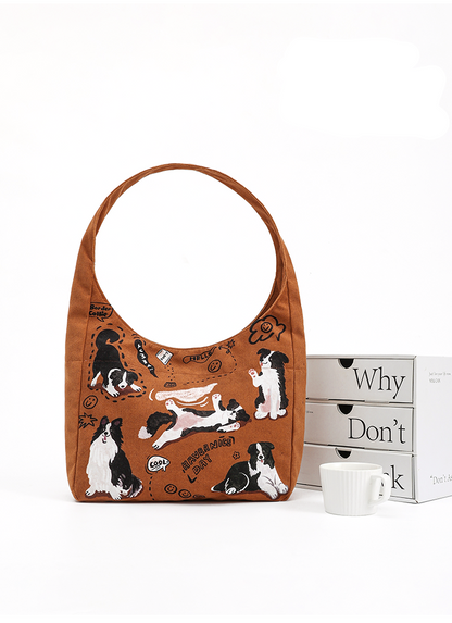 Vintage Cute Dog Print Canvas Tote Bag