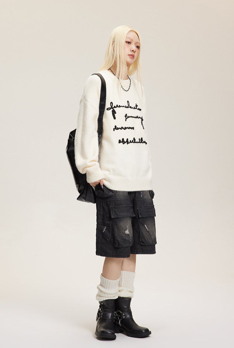 Raised Letter Knit Print Crewneck Sweater