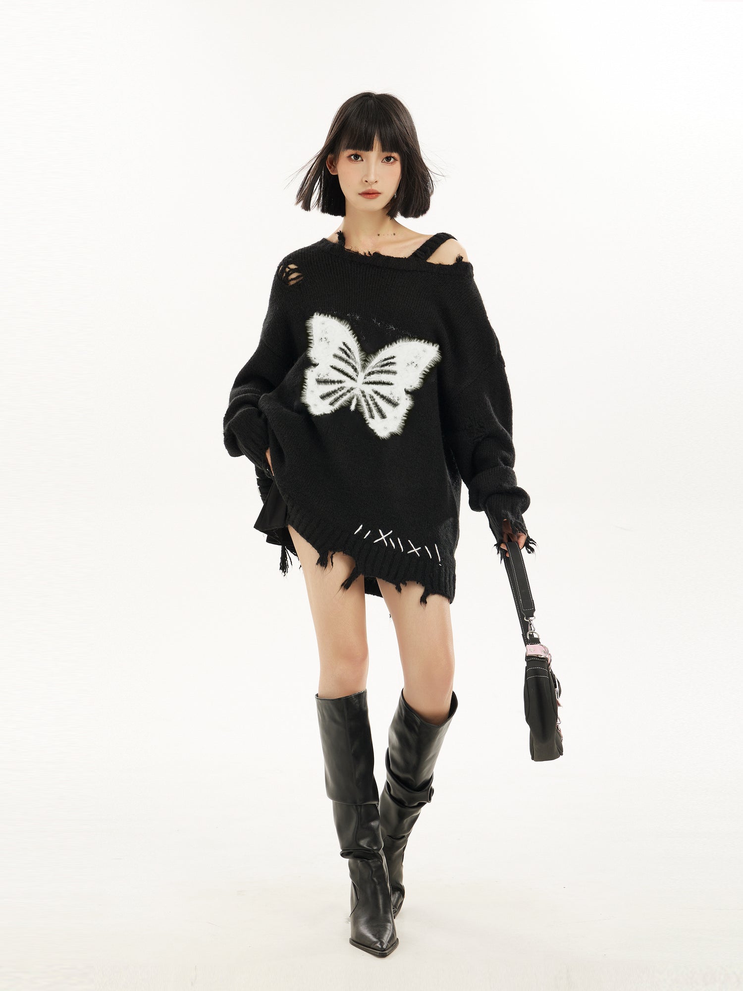 Black Off-Shoulder Butterfly Print Sweater