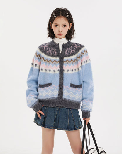 Blue Fair Isle Zip-Up Knit Cardigan Sweater