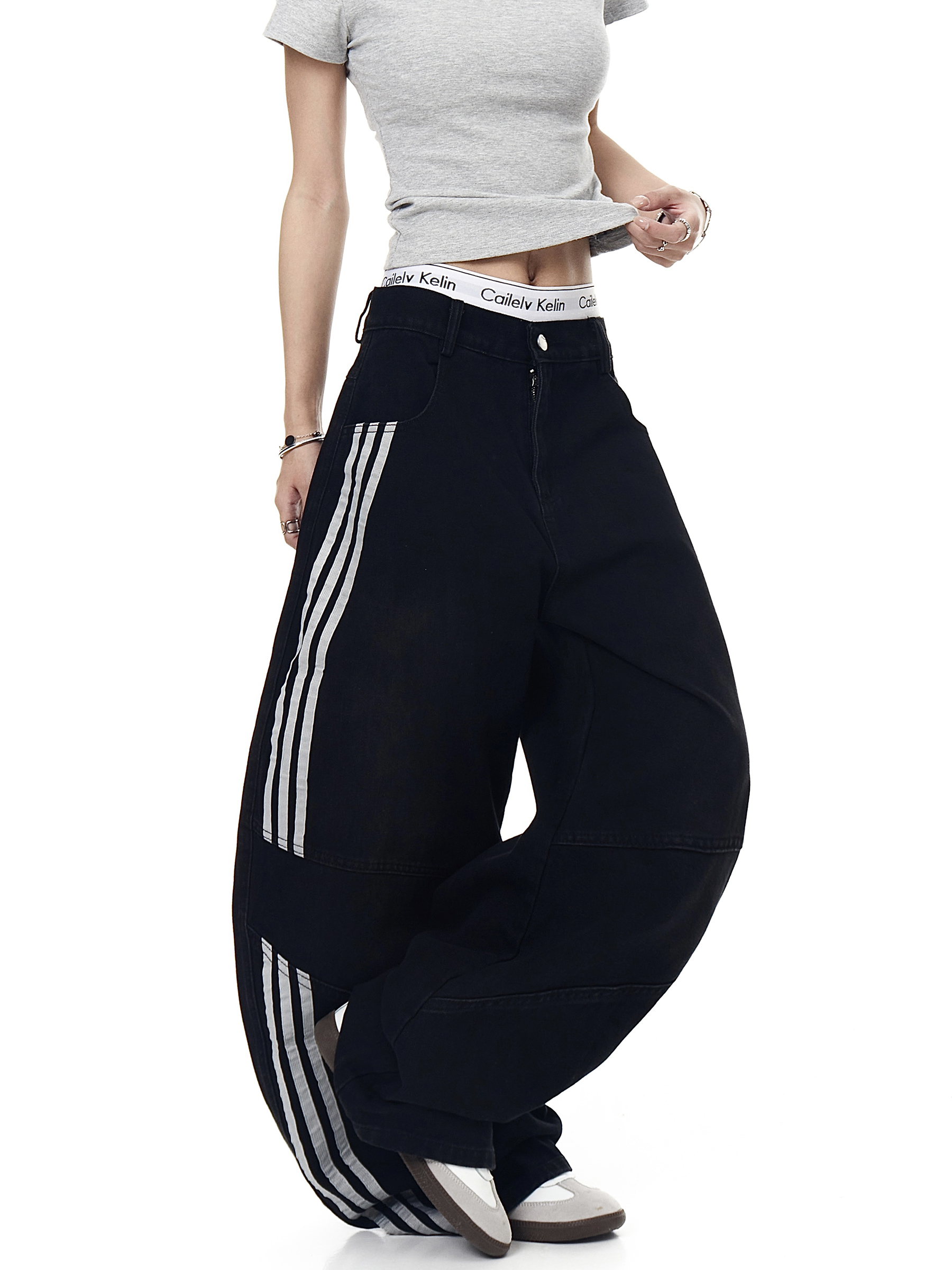 Washed Triple‑Stripe Deconstructed Wide‑Leg Jeans