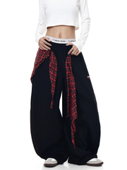 Detachable Plaid Wrap Baggy Wide‑Leg Sweatpants