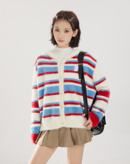 Colorful Striped Hooded Fleece Knit Sweater