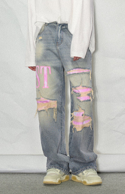 LOSTCTRL Pink Distressed Washed Denim