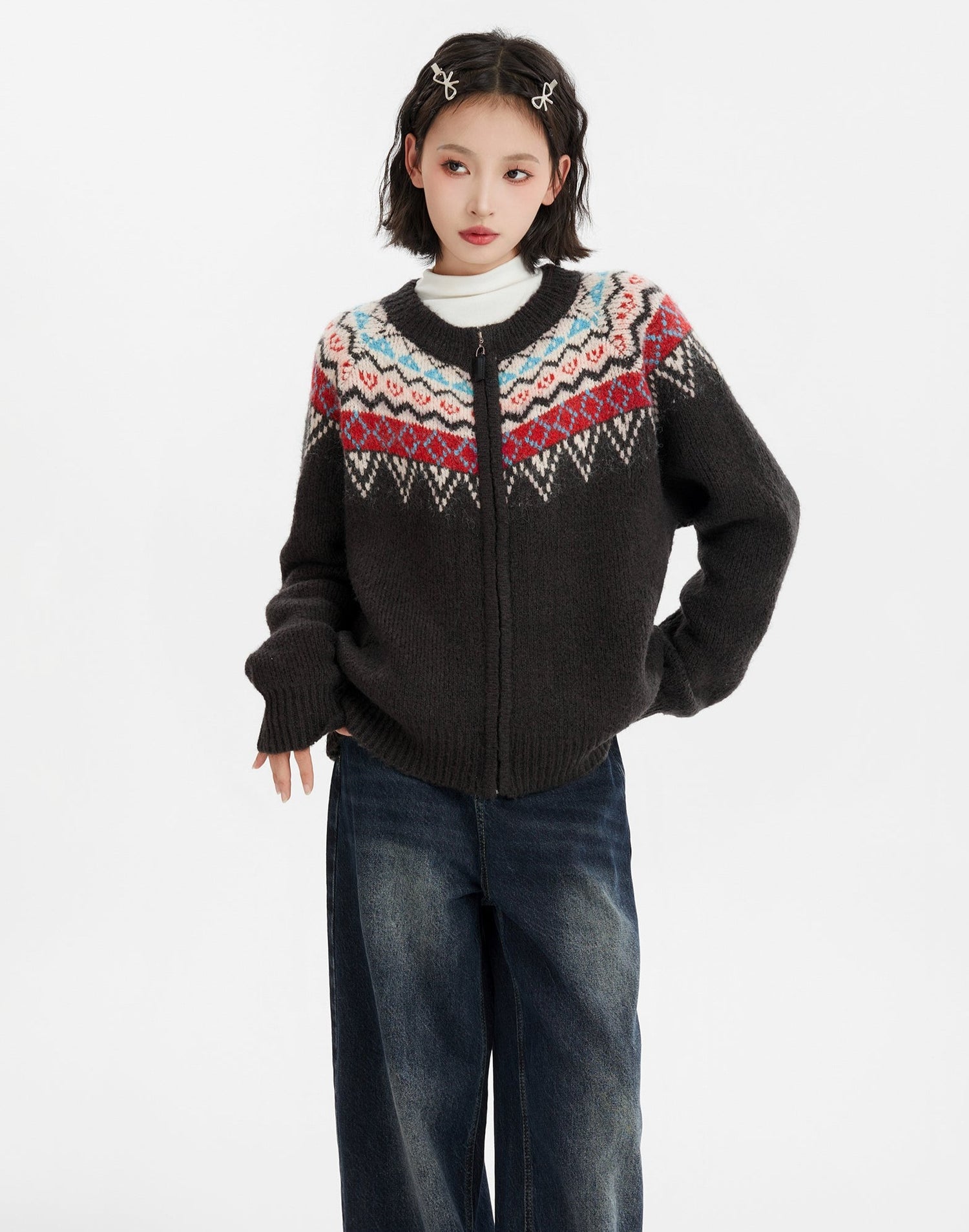 Black Fair Isle Pattern Knit Cardigan