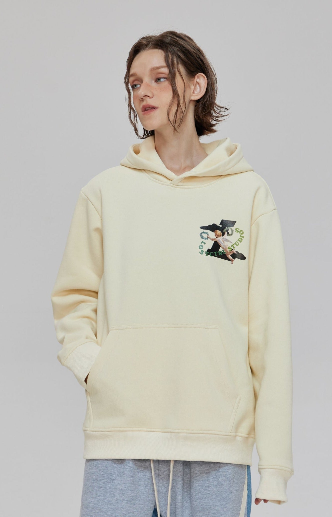 LOSTCTRL Angels Print Oversized  Fleece Hoodie