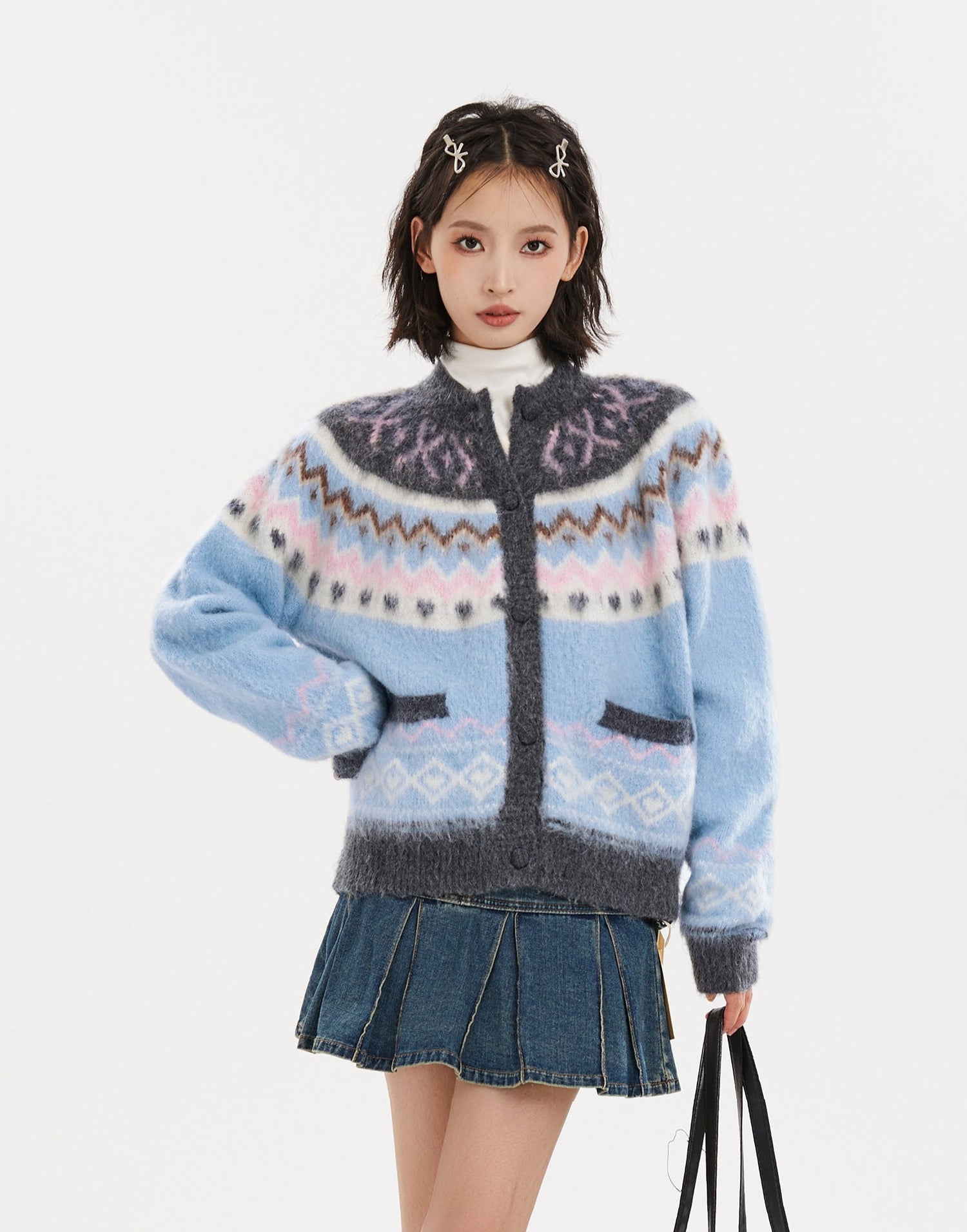 Blue Fair Isle Zip-Up Knit Cardigan Sweater