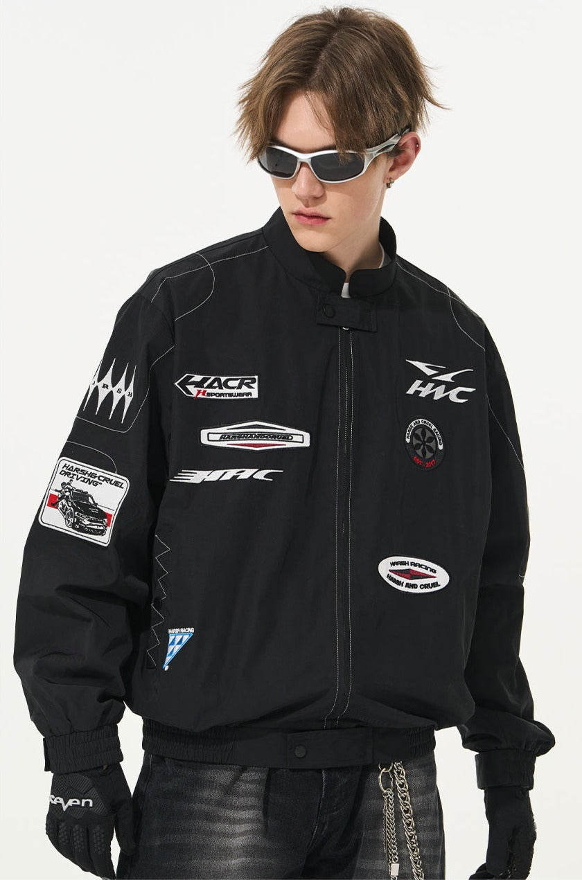 Vintage Racing Elements Embroidered Stand Collar Jacket