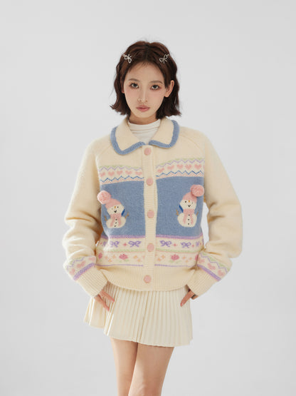 Snowman Print Shawl Collar Knit Sweater