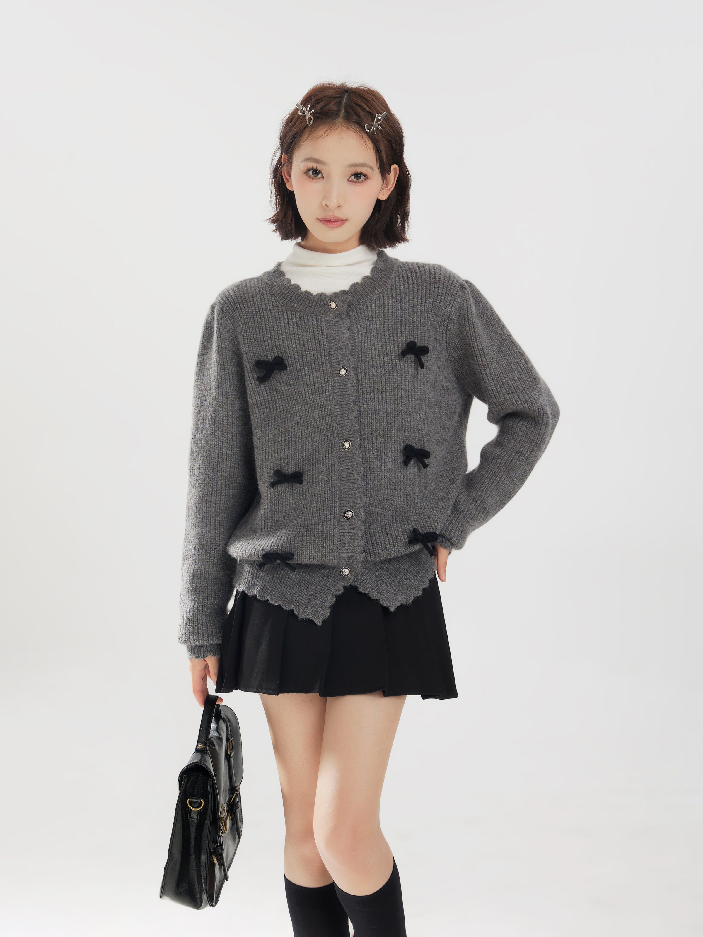 Bow Accent Cardigan Knit Sweater