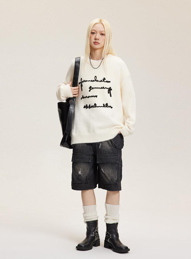 Raised Letter Knit Print Crewneck Sweater