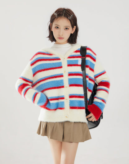 Colorful Striped Hooded Fleece Knit Sweater