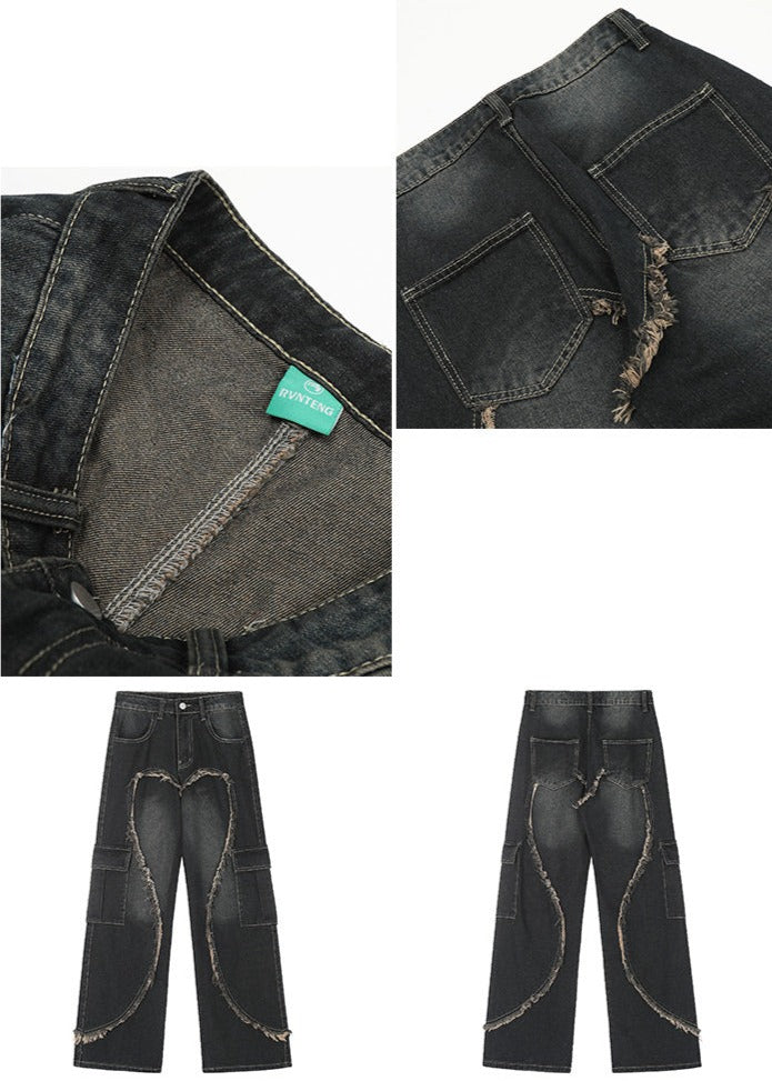 Heart-Shaped Fringe Multi-Pocket Denim