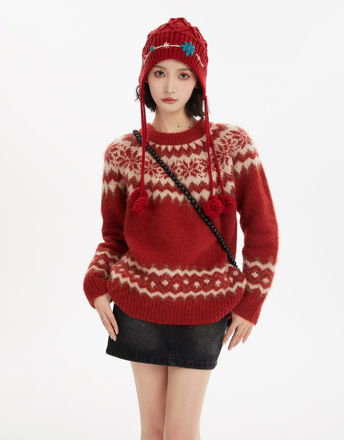 Red Fair Isle Floral Pattern Pullover