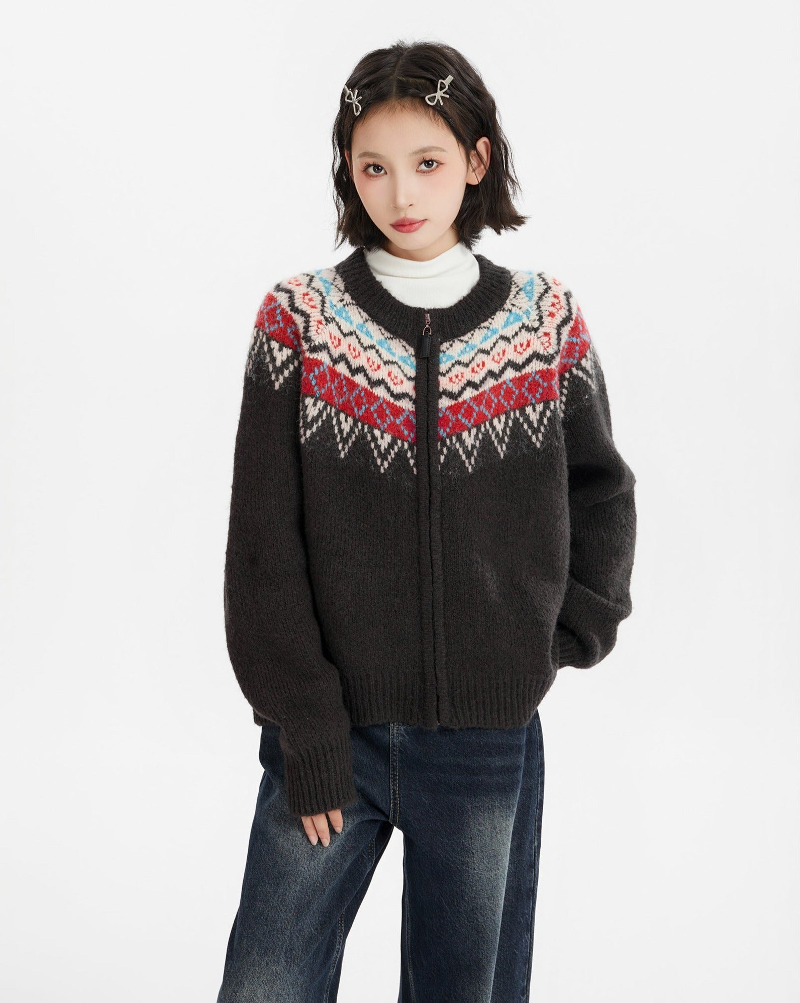 Black Fair Isle Pattern Knit Cardigan