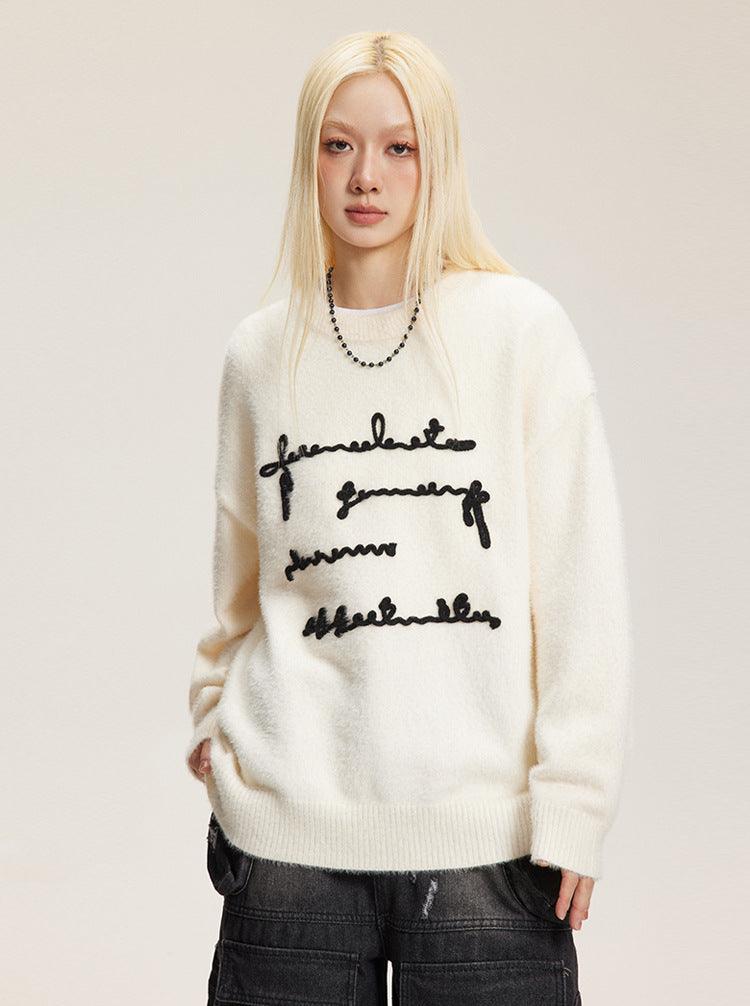 Raised Letter Knit Print Crewneck Sweater