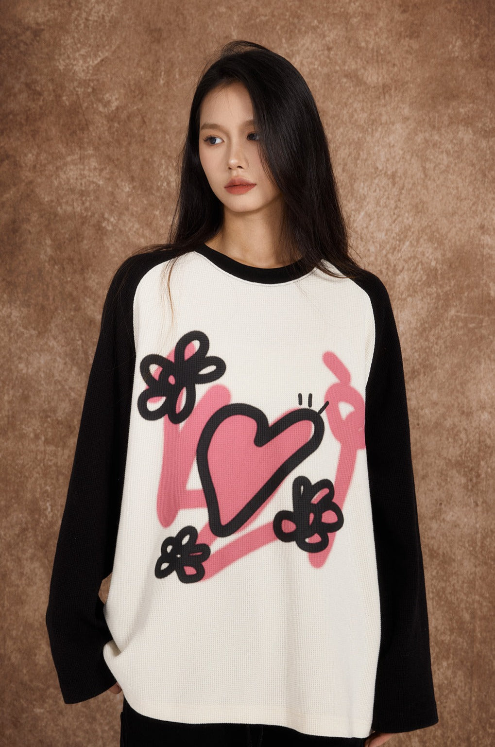 Love Heart Waffle Grid Sweatshirt