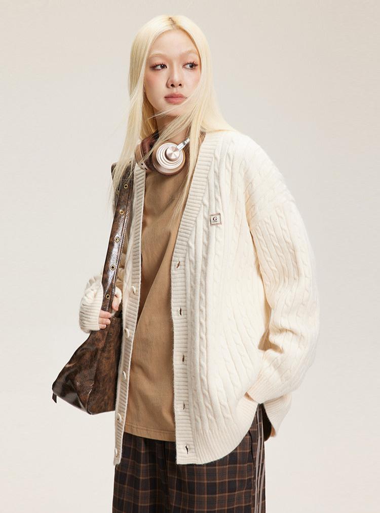 V-Neck Cable Knit Button-Up Cardigan