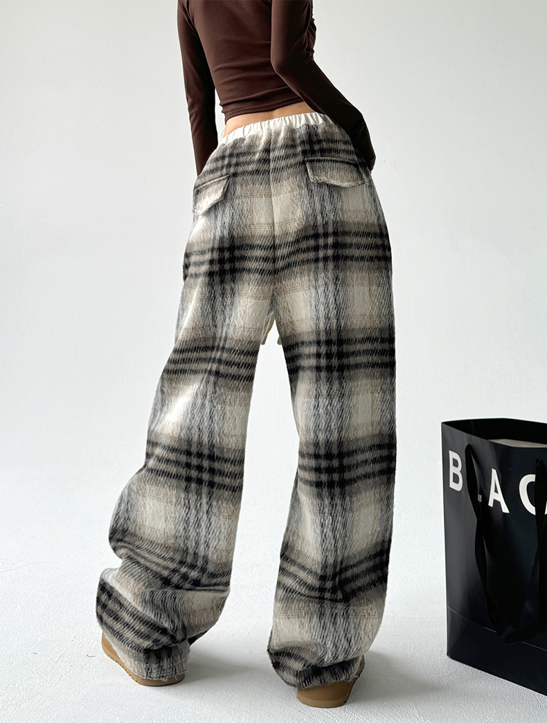 Plaid Fleece-Lined Wide-Leg Pants