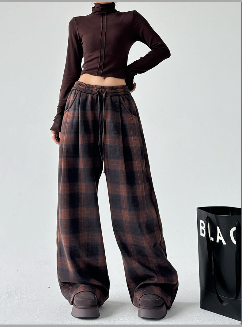 Vintage Plaid Fleece-Lined Wide-Leg Pants