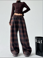 Vintage Plaid Fleece-Lined Wide-Leg Pants