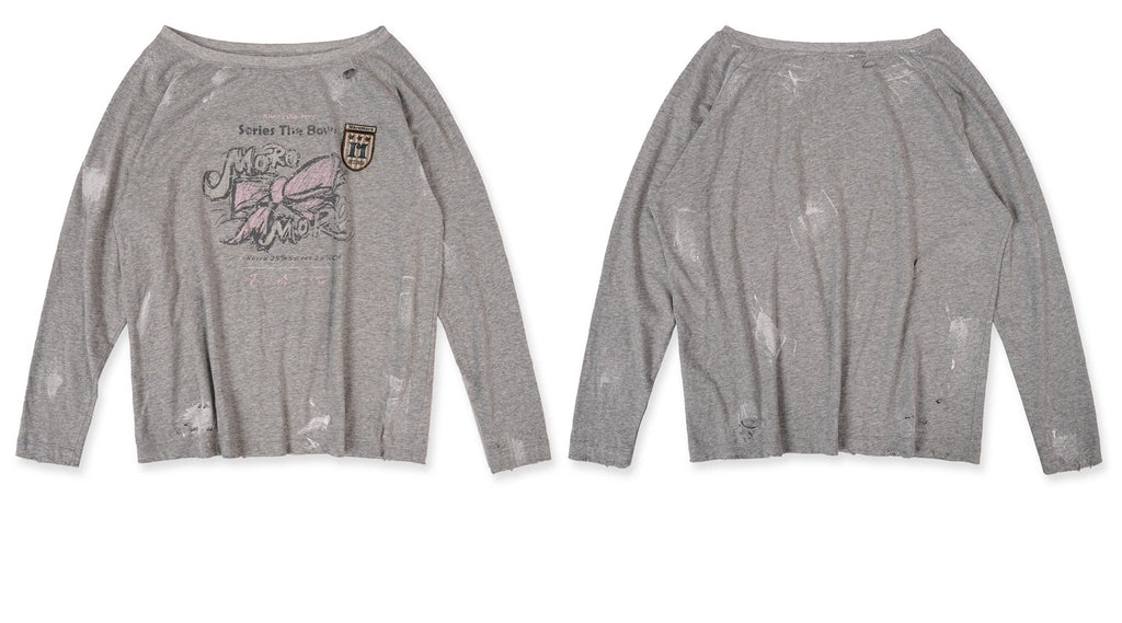 Vintage Hand-Painted Bow Graphic Distressed Off-Shoulder Long-Sleeve Tee