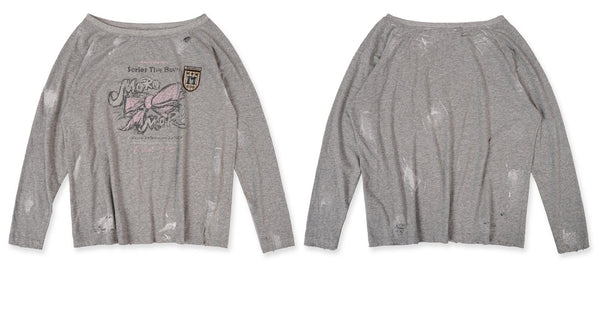 Vintage Hand-Painted Bow Graphic Distressed Off-Shoulder Long-Sleeve Tee