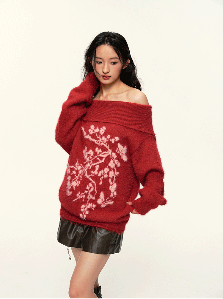 Vintage Flower Jacquard Red Off-Shoulder Sweater