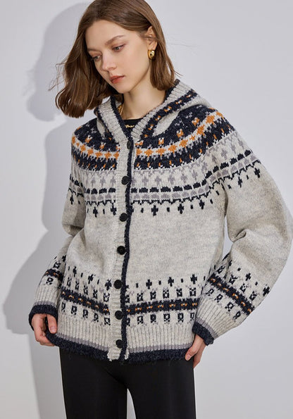 Fair Isle Button-Up Hooded Knit Cardigan Sweater