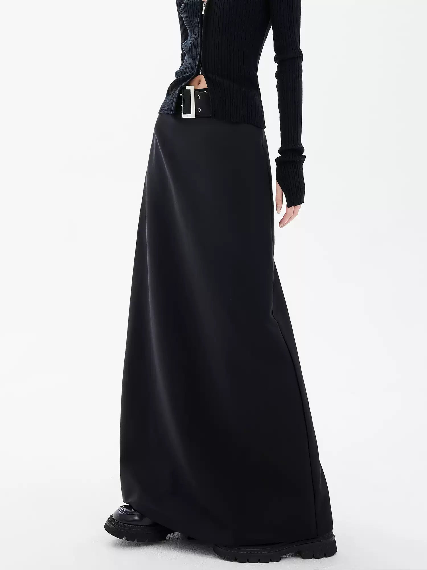 Black Side-Slit Midi Skirt