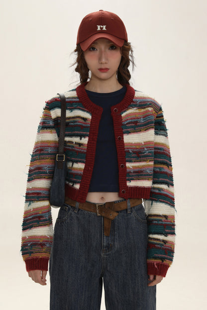 Colorblock Striped Knit Cropped Cardigan