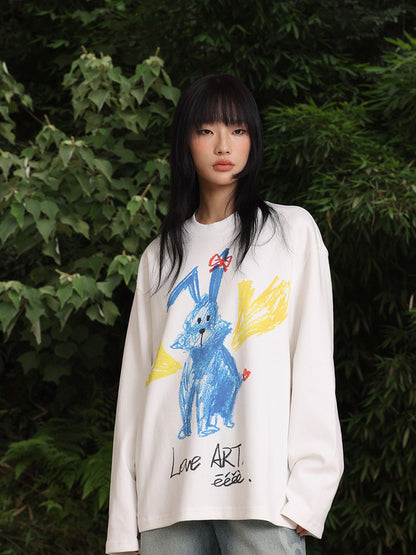 Crayon Hand-drawn Rabbit Print Heavyweight Long Sleeve Shirt