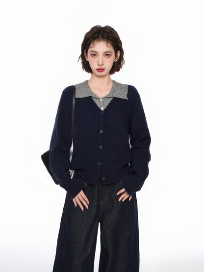 Polo Collar Layered Knit Cardigan