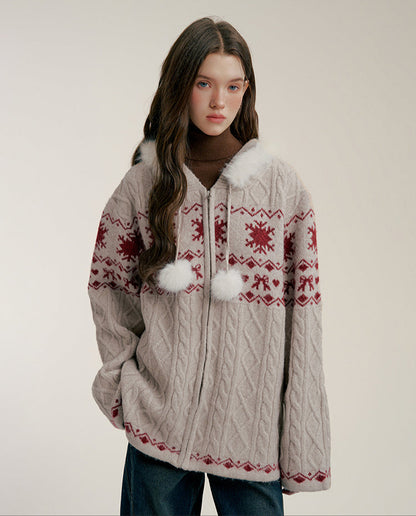 Fair Isle Bow-Print Knit Hoodie Cardigan