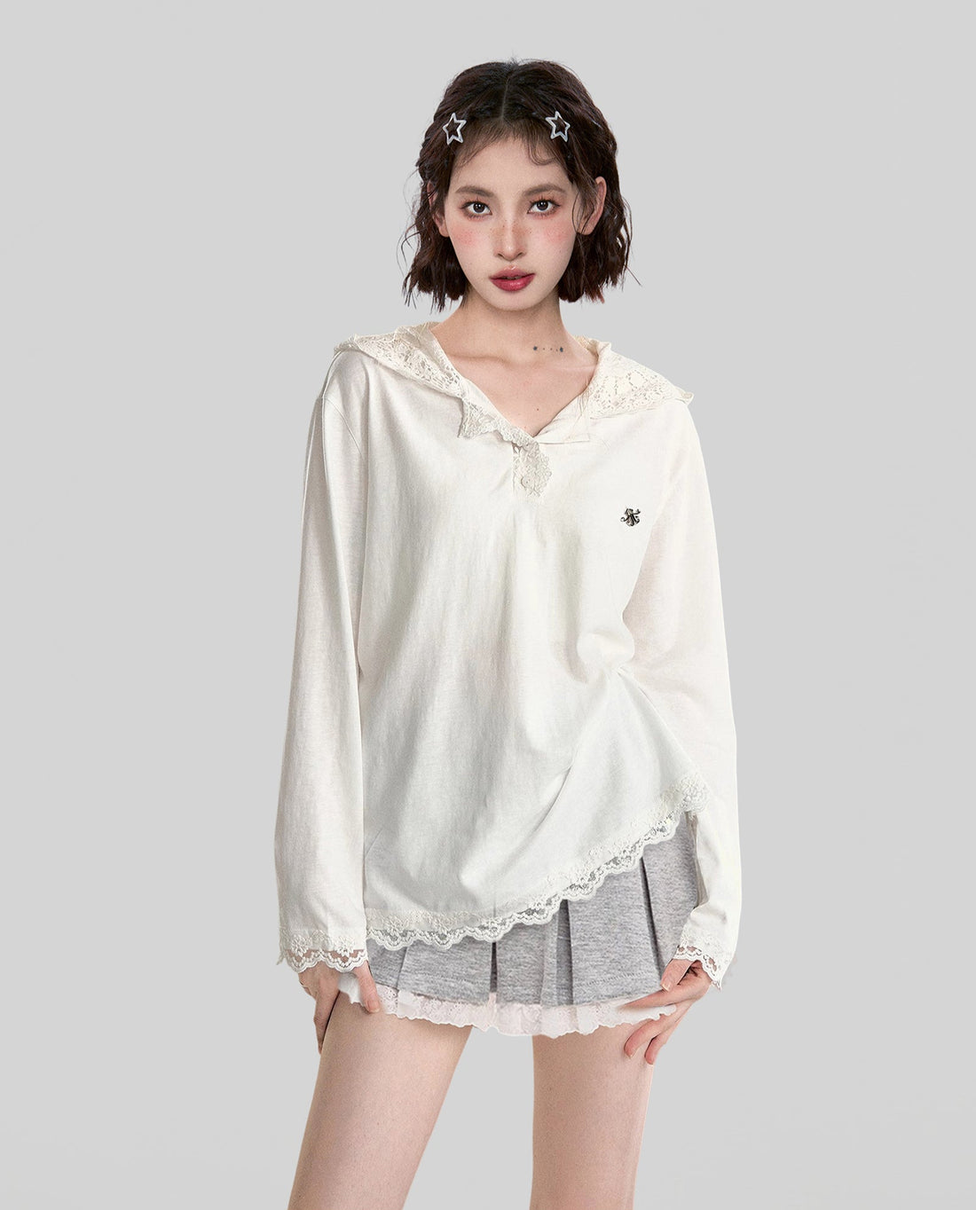 Hooded Lace Trim Long Sleeve Pullover Top